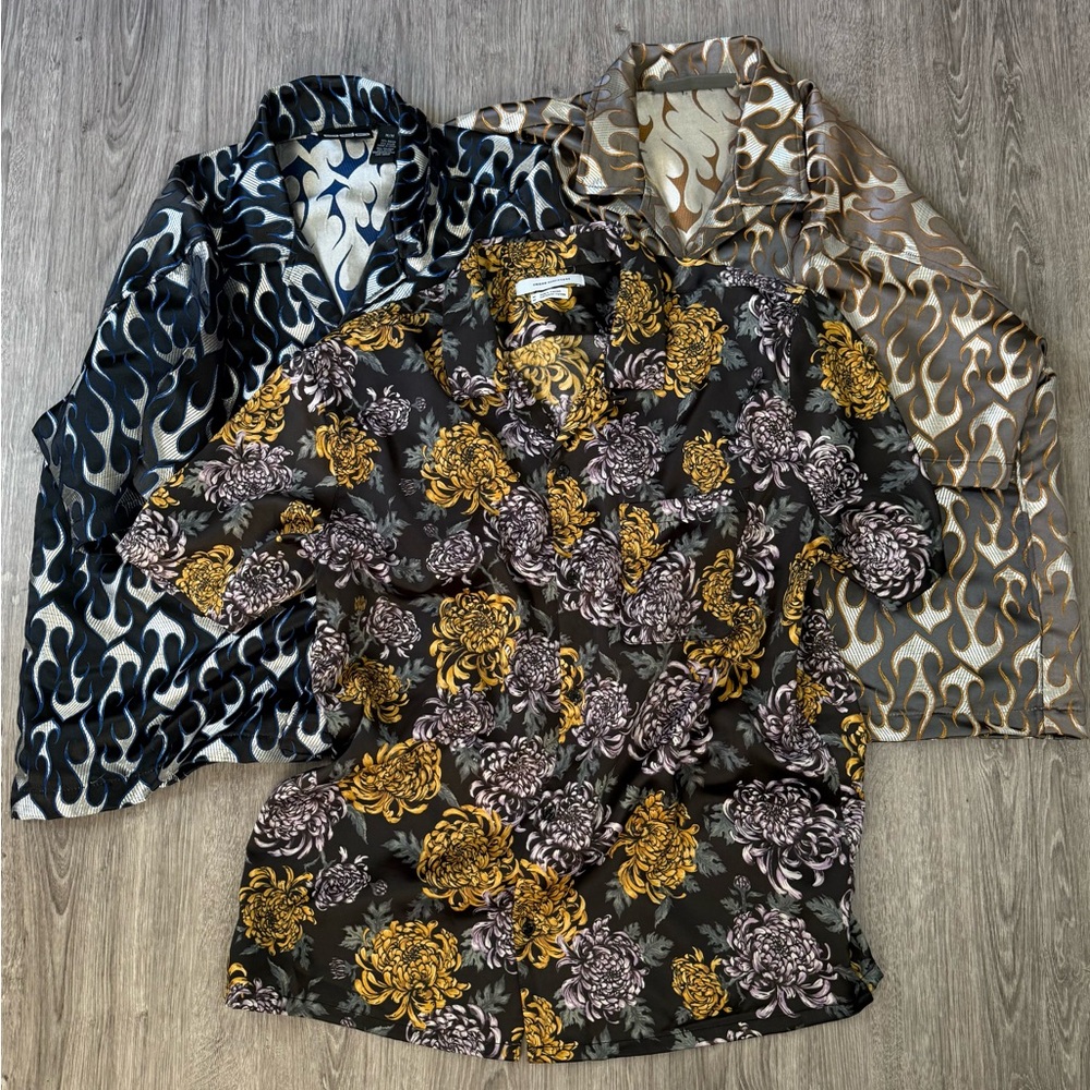 Vintage Y2K Floral and Flame Patterned Men's Shirts